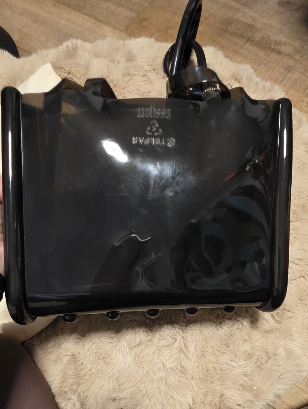 Melissa x Telfar Medium Black Jelly Bag Glossy Logo Tote Vegan Crossbody - Picture 9 of 13